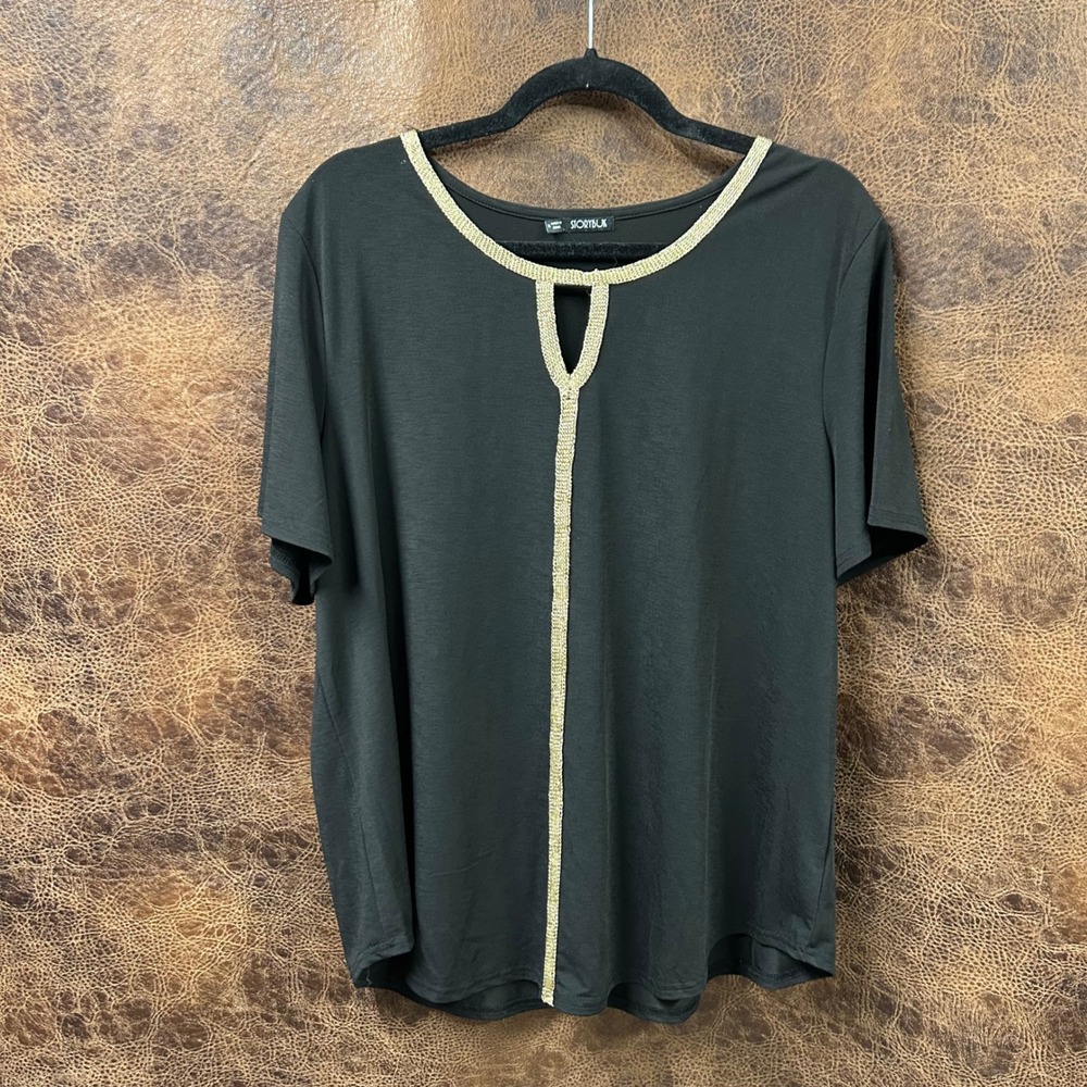 Storybuk XL Black Blouse with Gold‎ V-Neck Slimming